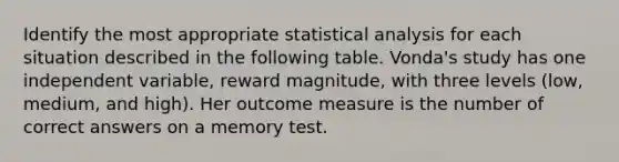 Identify the most appropriate statistical analysis for each situation described in the following table. Vonda's study has one independent variable, reward magnitude, with three levels (low, medium, and high). Her outcome measure is the number of correct answers on a memory test.