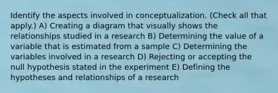 Identify the aspects involved in conceptualization. (Check all that apply.) A) Creating a diagram that visually shows the relationships studied in a research B) Determining the value of a variable that is estimated from a sample C) Determining the variables involved in a research D) Rejecting or accepting the null hypothesis stated in the experiment E) Defining the hypotheses and relationships of a research