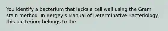 You identify a bacterium that lacks a cell wall using the Gram stain method. In Bergey's Manual of Determinative Bacteriology, this bacterium belongs to the