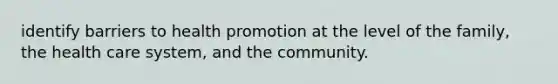 identify barriers to health promotion at the level of the family, the health care system, and the community.