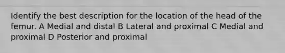 Identify the best description for the location of the head of the femur. A Medial and distal B Lateral and proximal C Medial and proximal D Posterior and proximal