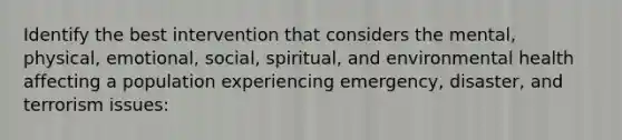 Identify the best intervention that considers the mental, physical, emotional, social, spiritual, and environmental health affecting a population experiencing emergency, disaster, and terrorism issues: