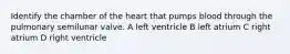 Identify the chamber of the heart that pumps blood through the pulmonary semilunar valve. A left ventricle B left atrium C right atrium D right ventricle