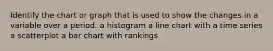 Identify the chart or graph that is used to show the changes in a variable over a period. a histogram a line chart with a time series a scatterplot a bar chart with rankings