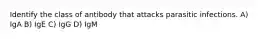 Identify the class of antibody that attacks parasitic infections. A) IgA B) IgE C) IgG D) IgM