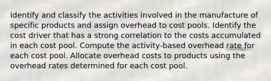 Identify and classify the activities involved in the manufacture of specific products and assign overhead to cost pools. Identify the cost driver that has a strong correlation to the costs accumulated in each cost pool. Compute the activity-based overhead rate for each cost pool. Allocate overhead costs to products using the overhead rates determined for each cost pool.