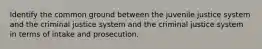 Identify the common ground between the juvenile justice system and the criminal justice system and the criminal justice system in terms of intake and prosecution.