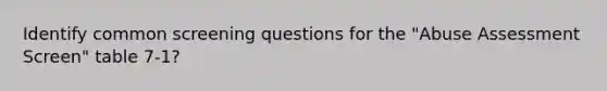 Identify common screening questions for the "Abuse Assessment Screen" table 7-1?