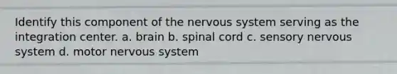 Identify this component of the nervous system serving as the integration center. a. brain b. spinal cord c. sensory nervous system d. motor nervous system