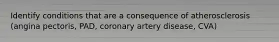 Identify conditions that are a consequence of atherosclerosis (angina pectoris, PAD, coronary artery disease, CVA)