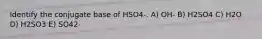 Identify the conjugate base of HSO4-. A) OH- B) H2SO4 C) H2O D) H2SO3 E) SO42-