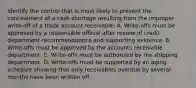 Identify the control that is most likely to prevent the concealment of a cash shortage resulting from the improper write-off of a trade account receivable: A. Write-offs must be approved by a responsible official after review of credit department recommendations and supporting evidence. B. Write-offs must be approved by the accounts receivable department. C. Write-offs must be authorized by the shipping department. D. Write-offs must be supported by an aging schedule showing that only receivables overdue by several months have been written off.