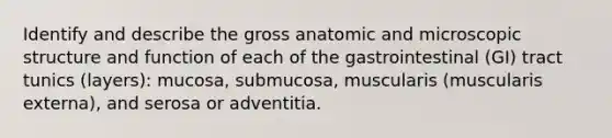 Identify and describe the gross anatomic and microscopic structure and function of each of the gastrointestinal (GI) tract tunics (layers): mucosa, submucosa, muscularis (muscularis externa), and serosa or adventitia.