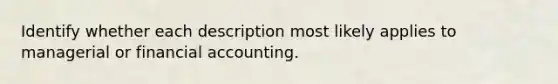 Identify whether each description most likely applies to managerial or financial accounting.