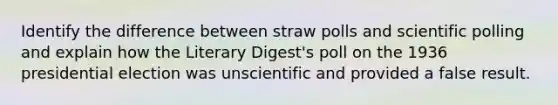 Identify the difference between straw polls and scientific polling and explain how the Literary Digest's poll on the 1936 presidential election was unscientific and provided a false result.