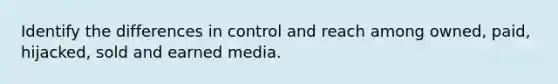 Identify the differences in control and reach among owned, paid, hijacked, sold and earned media.