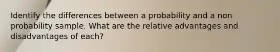 Identify the differences between a probability and a non probability sample. What are the relative advantages and disadvantages of each?