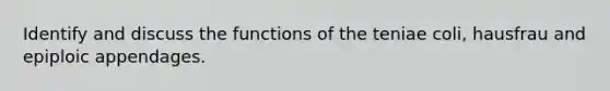 Identify and discuss the functions of the teniae coli, hausfrau and epiploic appendages.