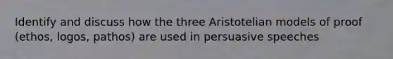 Identify and discuss how the three Aristotelian models of proof (ethos, logos, pathos) are used in persuasive speeches