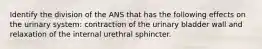 Identify the division of the ANS that has the following effects on the urinary system: contraction of the urinary bladder wall and relaxation of the internal urethral sphincter.