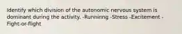 Identify which division of the autonomic nervous system is dominant during the activity. -Runninng -Stress -Excitement -Fight-or-flight