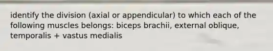 identify the division (axial or appendicular) to which each of the following muscles belongs: biceps brachii, external oblique, temporalis + vastus medialis