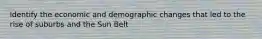 Identify the economic and demographic changes that led to the rise of suburbs and the Sun Belt