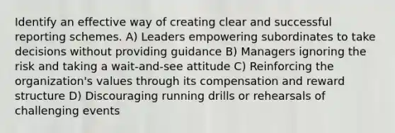 Identify an effective way of creating clear and successful reporting schemes. A) Leaders empowering subordinates to take decisions without providing guidance B) Managers ignoring the risk and taking a wait-and-see attitude C) Reinforcing the organization's values through its compensation and reward structure D) Discouraging running drills or rehearsals of challenging events