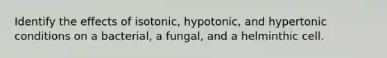 Identify the effects of isotonic, hypotonic, and hypertonic conditions on a bacterial, a fungal, and a helminthic cell.