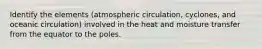 Identify the elements (atmospheric circulation, cyclones, and oceanic circulation) involved in the heat and moisture transfer from the equator to the poles.