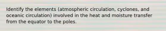 Identify the elements (atmospheric circulation, cyclones, and oceanic circulation) involved in the heat and moisture transfer from the equator to the poles.