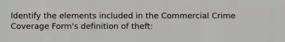 Identify the elements included in the Commercial Crime Coverage Form's definition of theft: