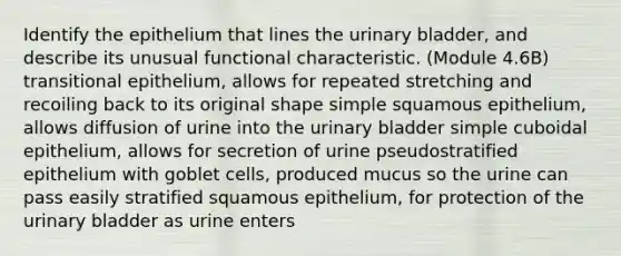 Identify the epithelium that lines the urinary bladder, and describe its unusual functional characteristic. (Module 4.6B) transitional epithelium, allows for repeated stretching and recoiling back to its original shape simple squamous epithelium, allows diffusion of urine into the urinary bladder simple cuboidal epithelium, allows for secretion of urine pseudostratified epithelium with goblet cells, produced mucus so the urine can pass easily stratified squamous epithelium, for protection of the urinary bladder as urine enters