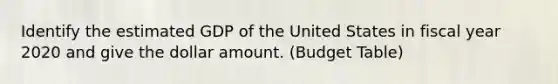 Identify the estimated GDP of the United States in fiscal year 2020 and give the dollar amount. (Budget Table)