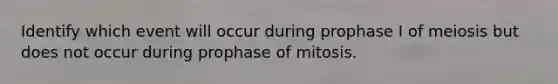 Identify which event will occur during prophase I of meiosis but does not occur during prophase of mitosis.