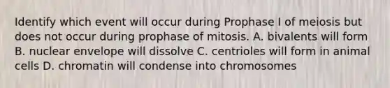 Identify which event will occur during Prophase I of meiosis but does not occur during prophase of mitosis. A. bivalents will form B. nuclear envelope will dissolve C. centrioles will form in animal cells D. chromatin will condense into chromosomes