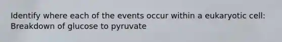 Identify where each of the events occur within a eukaryotic cell: Breakdown of glucose to pyruvate