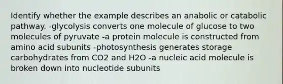 Identify whether the example describes an anabolic or catabolic pathway. -glycolysis converts one molecule of glucose to two molecules of pyruvate -a protein molecule is constructed from amino acid subunits -photosynthesis generates storage carbohydrates from CO2 and H2O -a nucleic acid molecule is broken down into nucleotide subunits