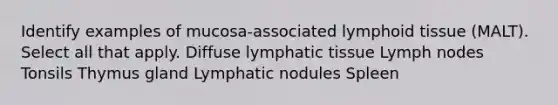 Identify examples of mucosa-associated lymphoid tissue (MALT). Select all that apply. Diffuse lymphatic tissue Lymph nodes Tonsils Thymus gland Lymphatic nodules Spleen