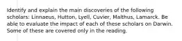 Identify and explain the main discoveries of the following scholars: Linnaeus, Hutton, Lyell, Cuvier, Malthus, Lamarck. Be able to evaluate the impact of each of these scholars on Darwin. Some of these are covered only in the reading.