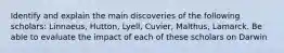 Identify and explain the main discoveries of the following scholars: Linnaeus, Hutton, Lyell, Cuvier, Malthus, Lamarck. Be able to evaluate the impact of each of these scholars on Darwin