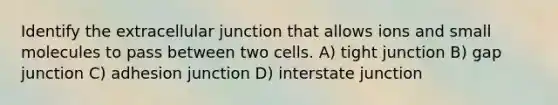 Identify the extracellular junction that allows ions and small molecules to pass between two cells. A) tight junction B) gap junction C) adhesion junction D) interstate junction