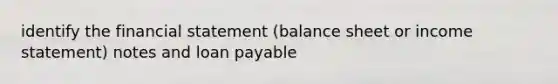 identify the financial statement (balance sheet or <a href='https://www.questionai.com/knowledge/kCPMsnOwdm-income-statement' class='anchor-knowledge'>income statement</a>) notes and loan payable