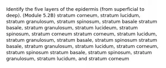 Identify the five layers of the epidermis (from superficial to deep). (Module 5.2B) stratum corneum, stratum lucidum, stratum granulosum, stratum spinosum, stratum basale stratum basale, stratum granulosum, stratum lucideum, stratum spinosum, stratum corneum stratum corneum, stratum lucidum, stratum granulosum, stratum basale, stratum spinosum stratum basale, stratum granulosum, stratum lucidum, stratum corneum, stratum spinosum stratum basale, stratum spinosum, stratum granulosum, stratum lucidum, and stratum corneum