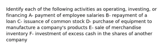 Identify each of the following activities as operating, investing, or financing A- payment of employee salaries B- repayment of a loan C- issuance of common stock D- purchase of equipment to manufacture a company's products E- sale of merchandise inventory F- investment of excess cash in the shares of another company