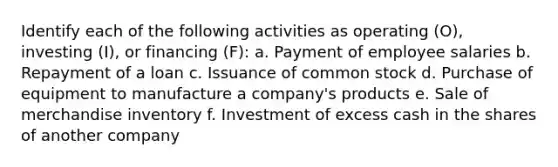 Identify each of the following activities as operating (O), investing (I), or financing (F): a. Payment of employee salaries b. Repayment of a loan c. Issuance of common stock d. Purchase of equipment to manufacture a company's products e. Sale of merchandise inventory f. Investment of excess cash in the shares of another company