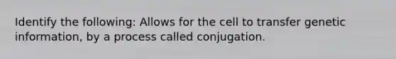 Identify the following: Allows for the cell to transfer genetic information, by a process called conjugation.