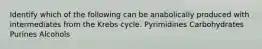 Identify which of the following can be anabolically produced with intermediates from the Krebs cycle. Pyrimidines Carbohydrates Purines Alcohols