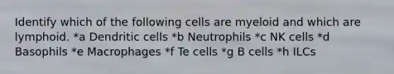 Identify which of the following cells are myeloid and which are lymphoid. *a ﻿﻿﻿Dendritic cells *b ﻿﻿﻿Neutrophils *c ﻿﻿﻿NK cells *d ﻿﻿﻿Basophils *e Macrophages *f ﻿﻿﻿Te cells *g ﻿﻿﻿B cells *h ﻿﻿﻿ILCs