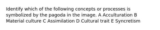 Identify which of the following concepts or processes is symbolized by the pagoda in the image. A Acculturation B Material culture C Assimilation D Cultural trait E Syncretism